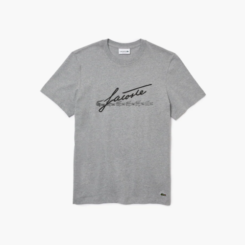 

Мужская хлопковая футболка с круглым вырезом Lacoste Grey Chine Signature и крокодиловым принтом, Grey chine/navy