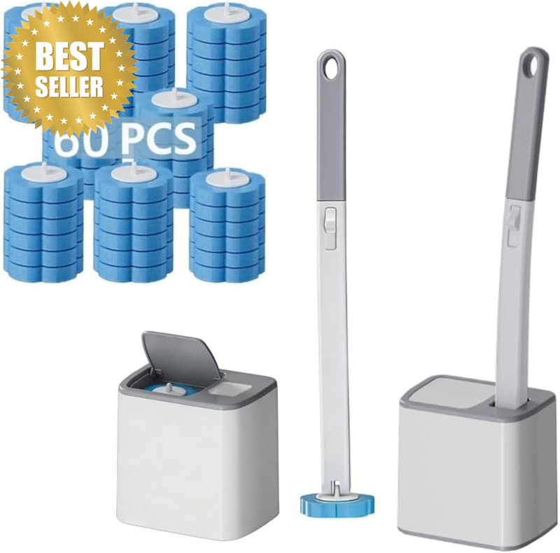 2 Pack Disposable Toilet Brush with Auto-Open Lid Holder, Extended Handle & 60 C