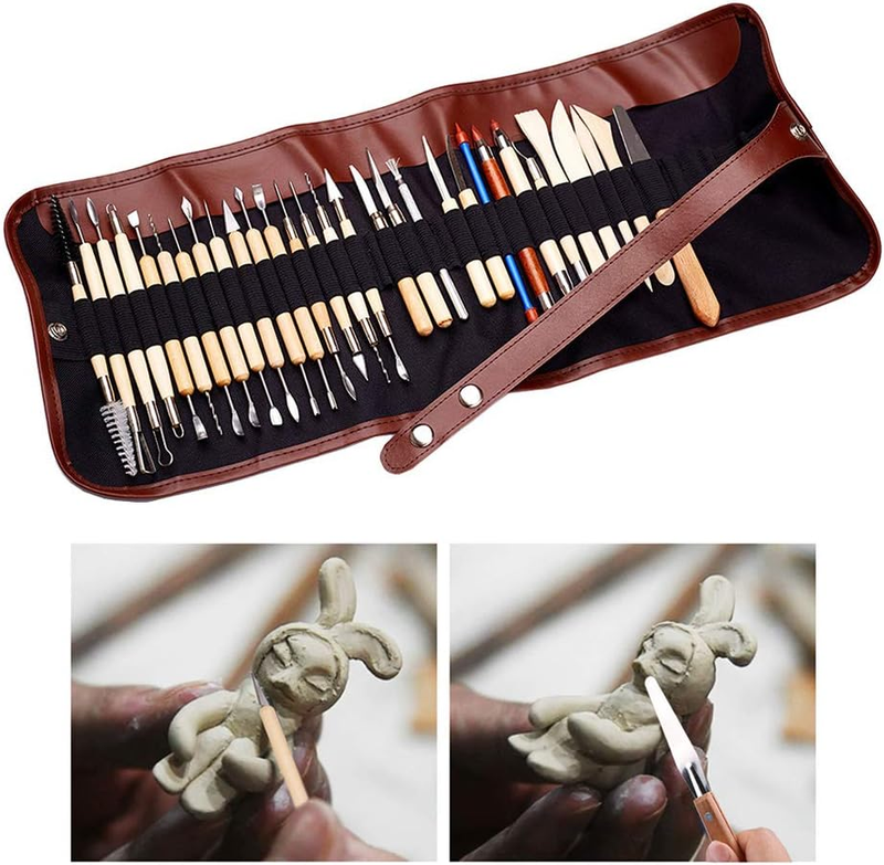Clay Sculpting Tools Set of 38 with Bag, Wooden Handle Pottery Carving Tool Kit