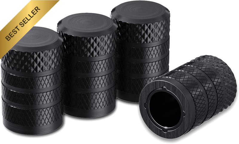 Black Anodized Aluminum Tire Valve Stem Caps 4 Pack, Corrosion Resistant Univers
