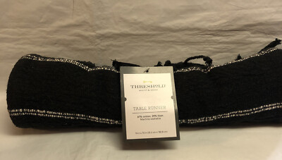 Threshold Table Runner Black & White Striped 14''×72'' Tassels Farmhouse Rustic