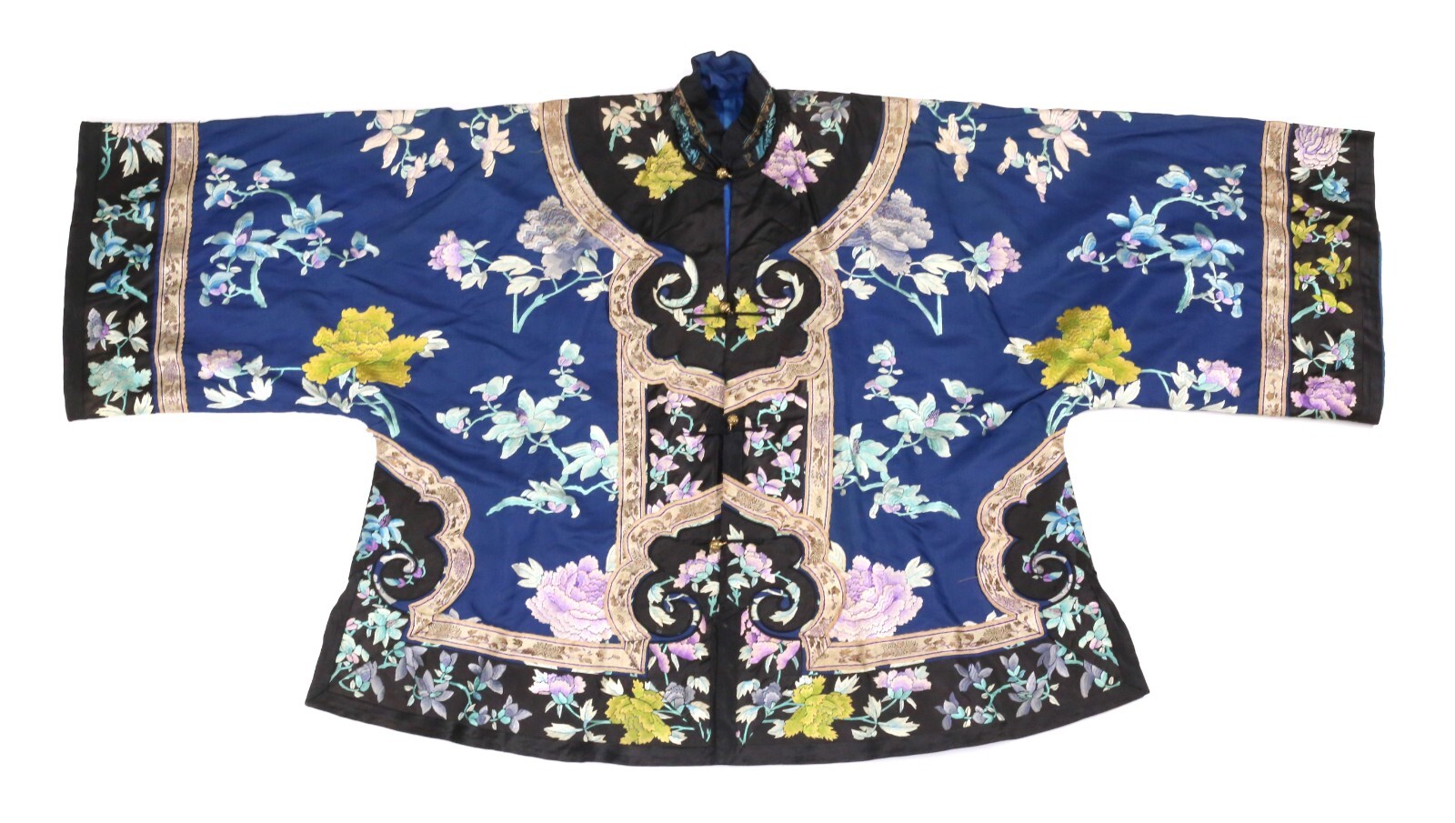 Chinese Silk Robe Polychrome Floral Embroidery on Royal Blue Groundの