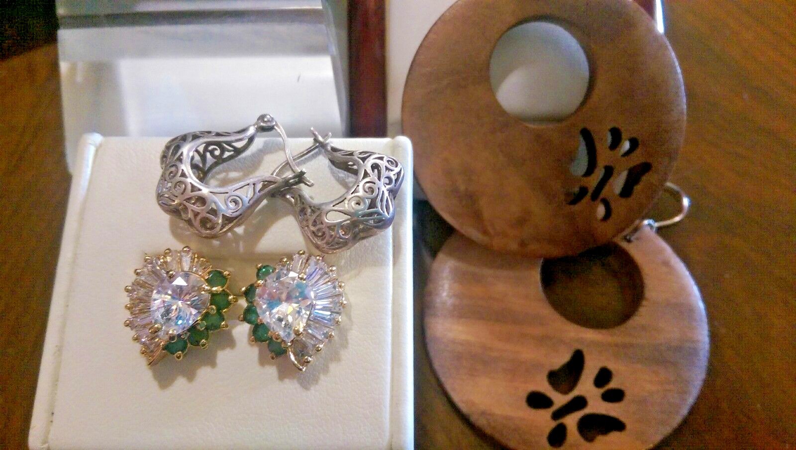 Earring Lot Emerald CZ 925 Silver Studs Filigre Hoops Cancer Ribbons Boho Wood