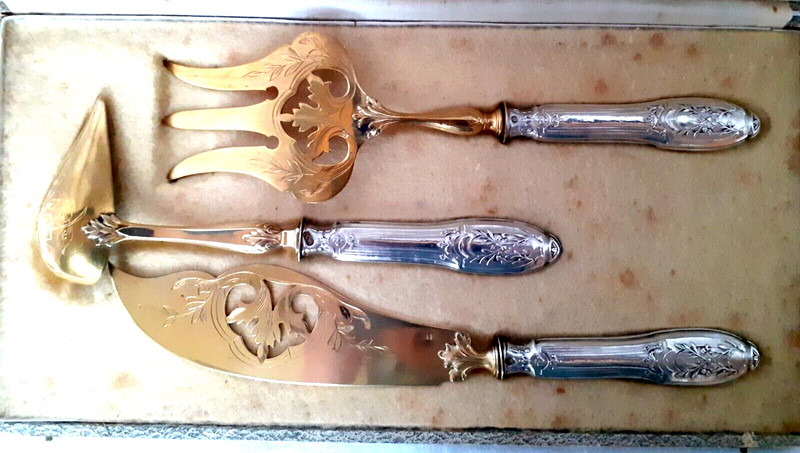 Couverts De Service Ã  Poisson En Argent FourrÃ© Et MÃ©Tal DorÃ©