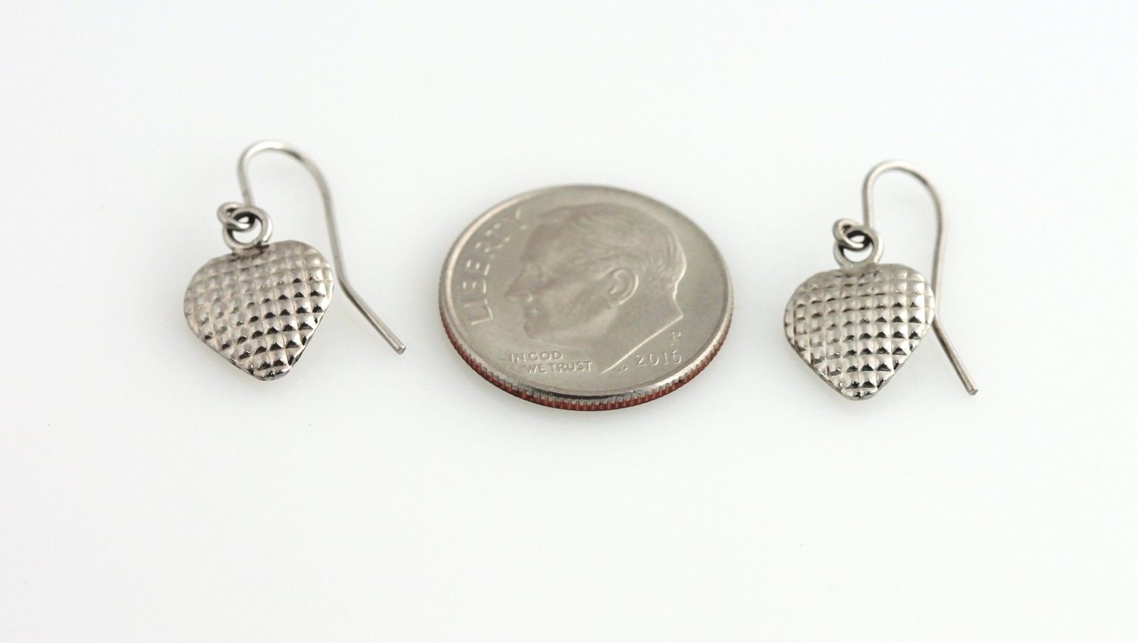 10K Heart Dangle Earrings WG White Gold Puff 3D Textured Drop Pierced Love Hook