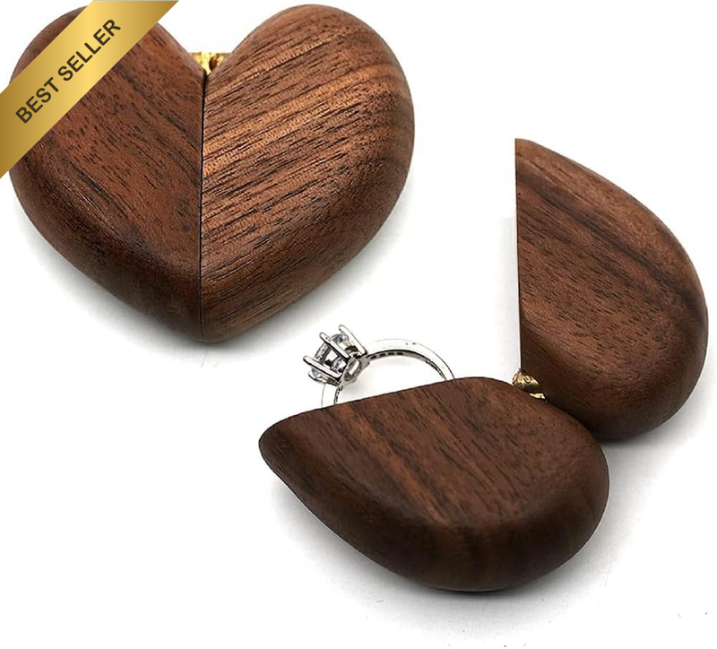 Heart-Shaped Wooden Ring Box – Walnut Engagement Ring Case with Magnetic Closure