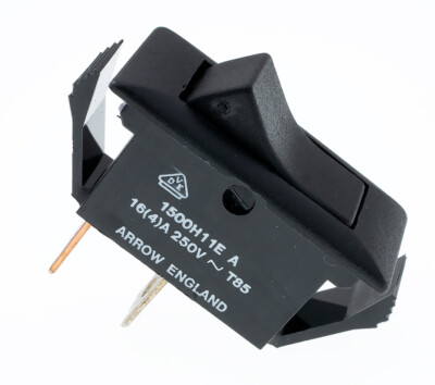 Arrow 1500H11E SPST Power Black Snap-in Rocker Switch 22A/125V 16A/250VAC - NOS