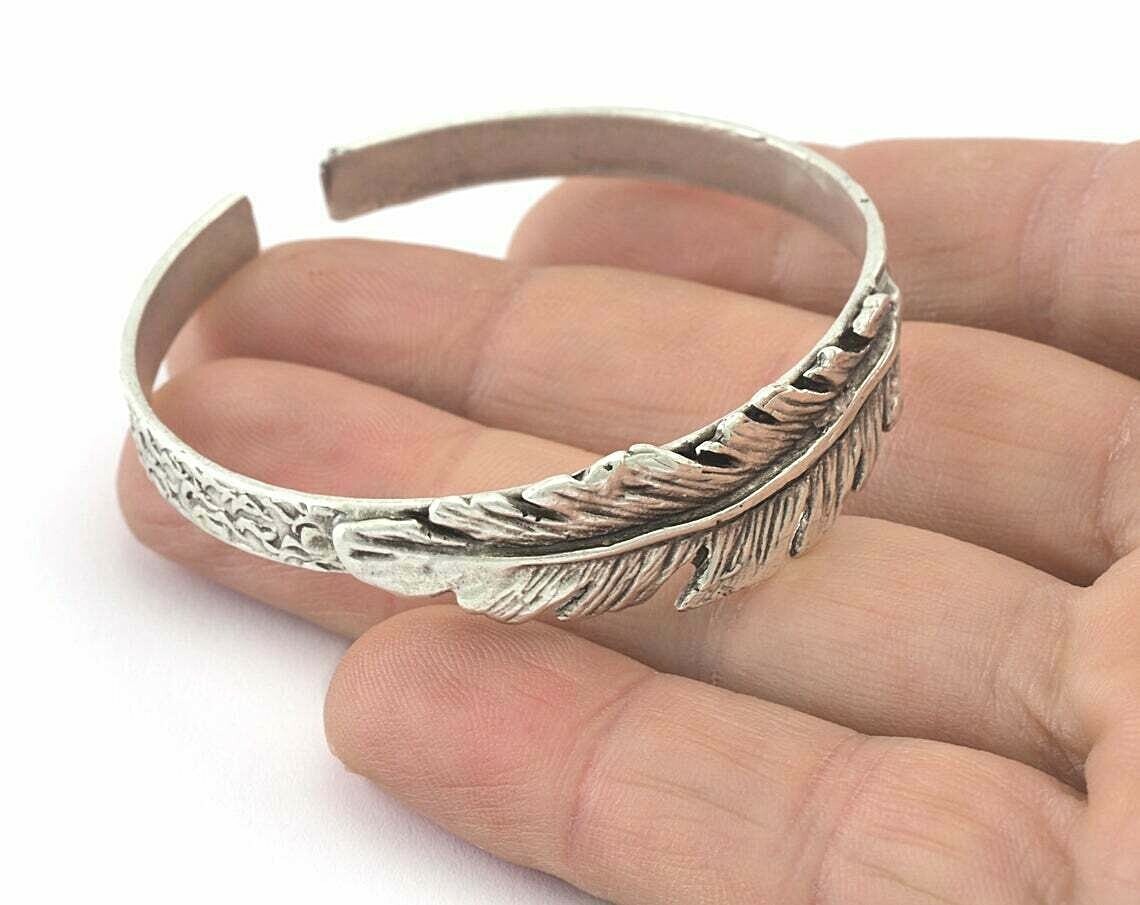 Cuff Bracelet Feather Antique Silver Plated Brass (55mm
