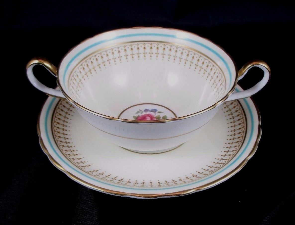 Vintage AYNSLEY Cream Soup and Saucer Teal Aqua Band Floral Center 7429 EUC