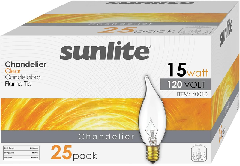 40010 Flame Tip 15W Incandescent Petite Chandelier Light Bulb, Candelabra (E12)