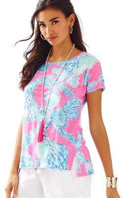 Nuovo Lilly Pulitzer Mikela Top Rosa il Broncio Barefoot Princess Blu Conchiglie