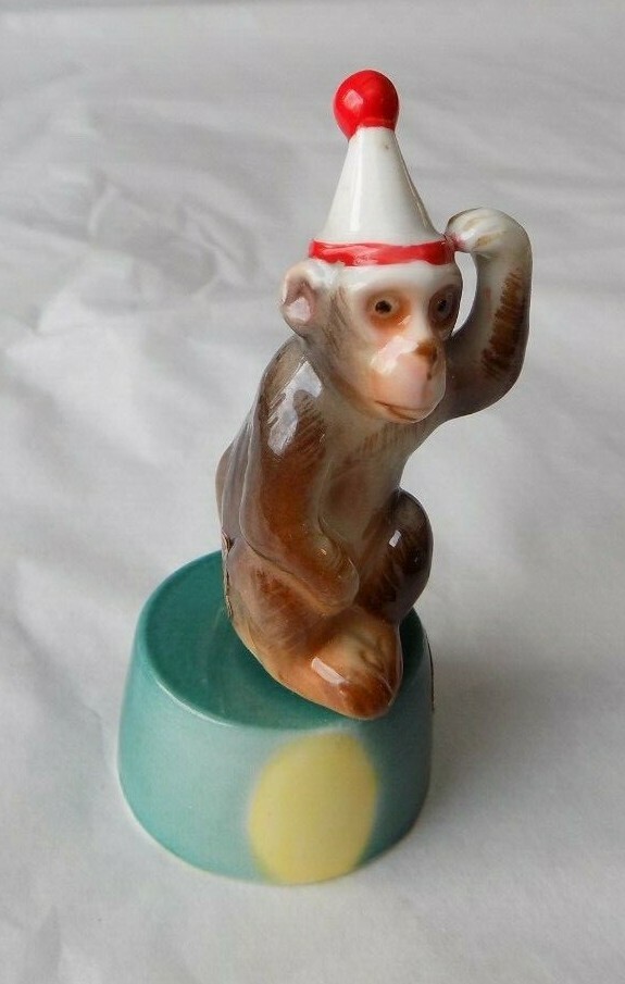 Vtg Shiken Bone China Circus Set Monkey Dog & Seal Figurines on Pedestal