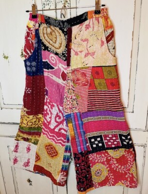 Kantha Pants Patchwork S/M Handmade Cropped Cottage Core Hippie Festival (u)