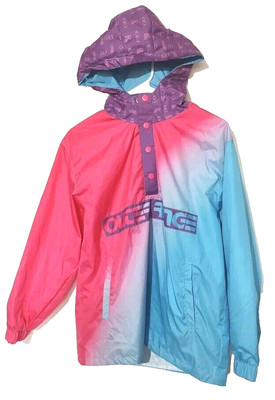Outer Edge Women Pink/Blue Windbreaker Hood Jacket Sz M Bright Snaps Pullover