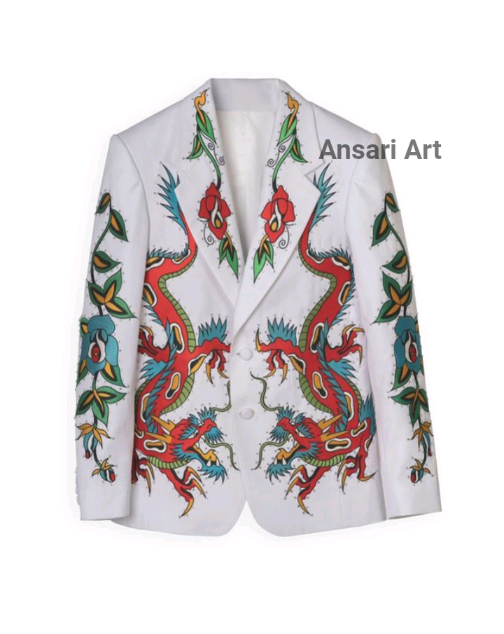 Pre-owned Art Men White Cotton 2pc Bespoke Country Western Suit Vintage Dragon's Suite Outfits