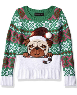 Blizzard Bay Girls Ugly Chrismas Sweater, Green/White/Pug Dog, Size 4 Toddler