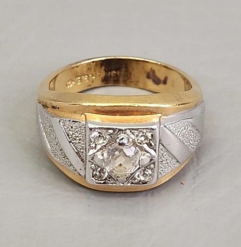 Mens Ring 18K HGE Silver Tone Pebbled Rhinestone Heavy Gold