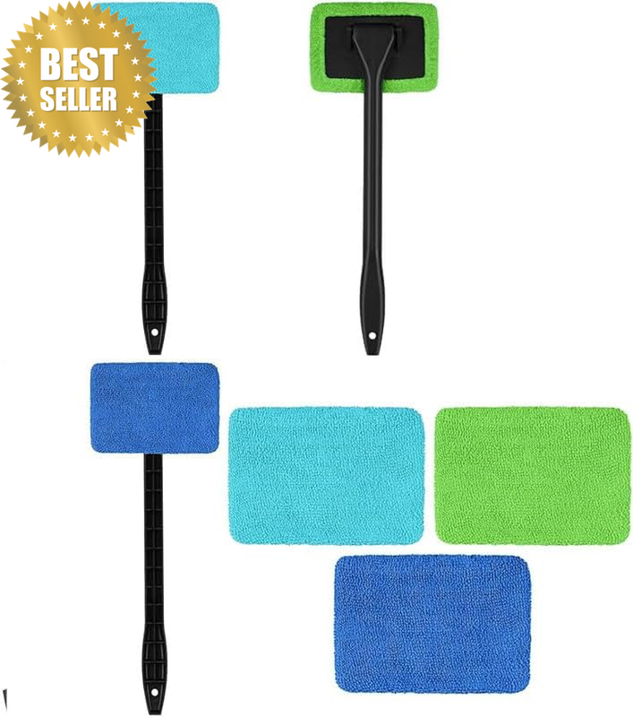 6Pcs Microfiber Car Window Cleaner Pads with Handles, Long Handle Microfiber Win