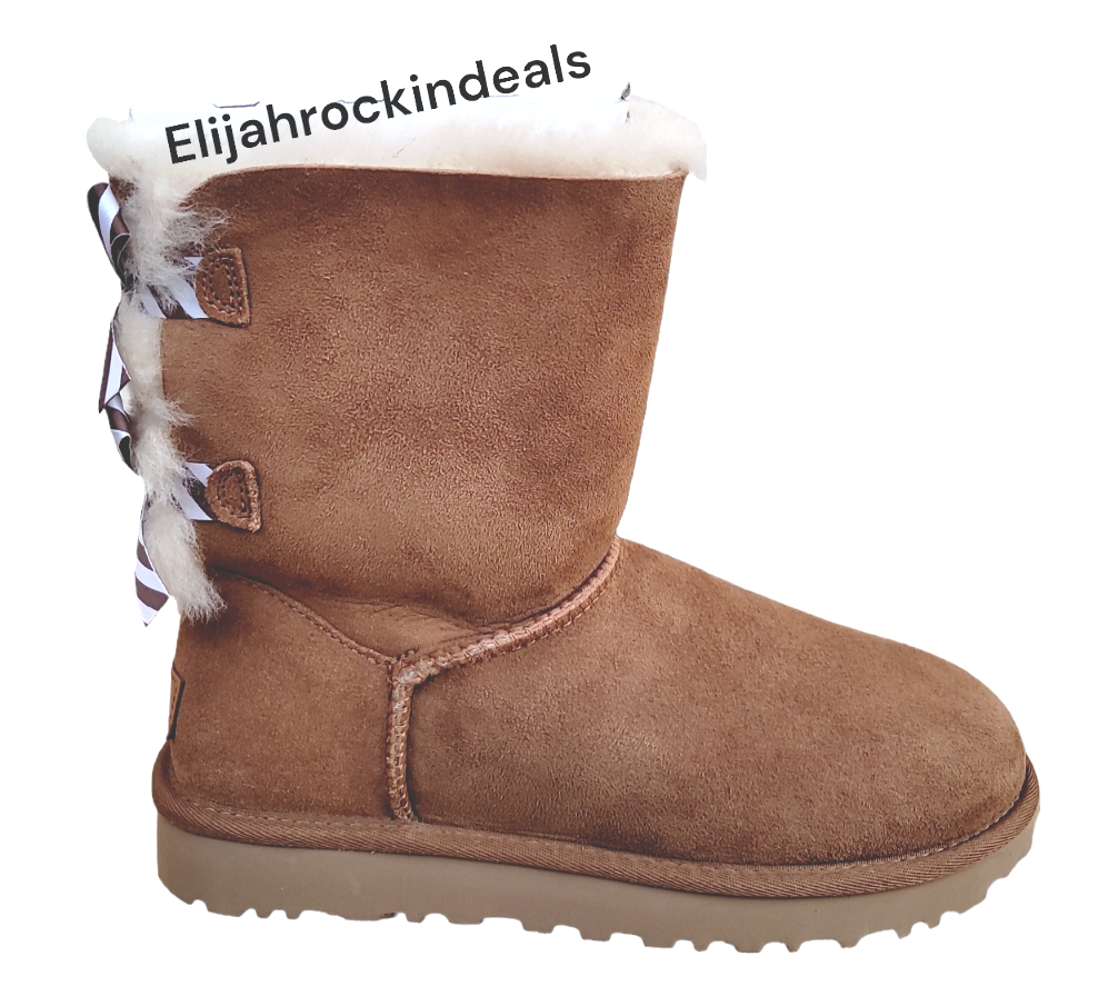 Pre-owned Ugg Womens  Bailey Bow Ii Chestnut Stripes Short Boots Size 7, 8, 9