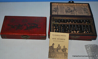 Vintage Wood Abacus 11 Columns Wood Beads Leather Case Instruction Book