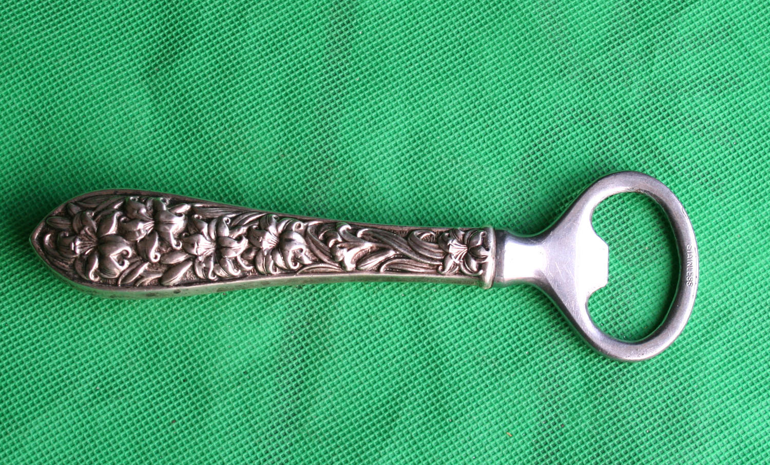 Vintage Sterling Silver Handle Bottle Opener Ornate Floral Pattern