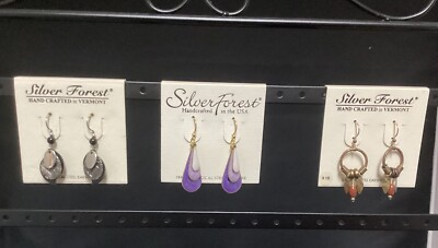Silver Forest Of Vermont Earrings Black & Silver, Purple, Gold Tone Lot Of 3