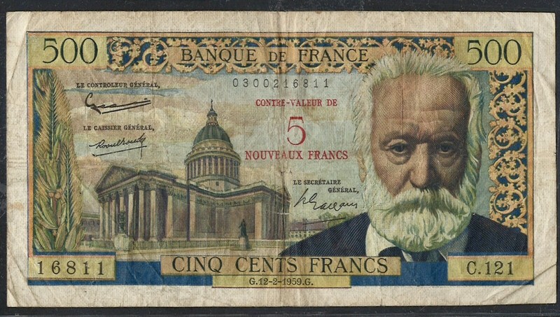 500 Francs Victor Hugo SurchargÃ© 5 Nf (12-2-1959)