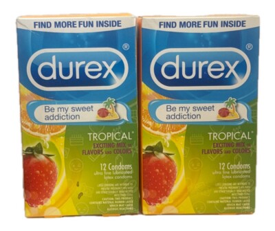 2x Durex Condoms Tropical Flavors & Colors 12pk FRUIT Flavored RETAIL BOX 
