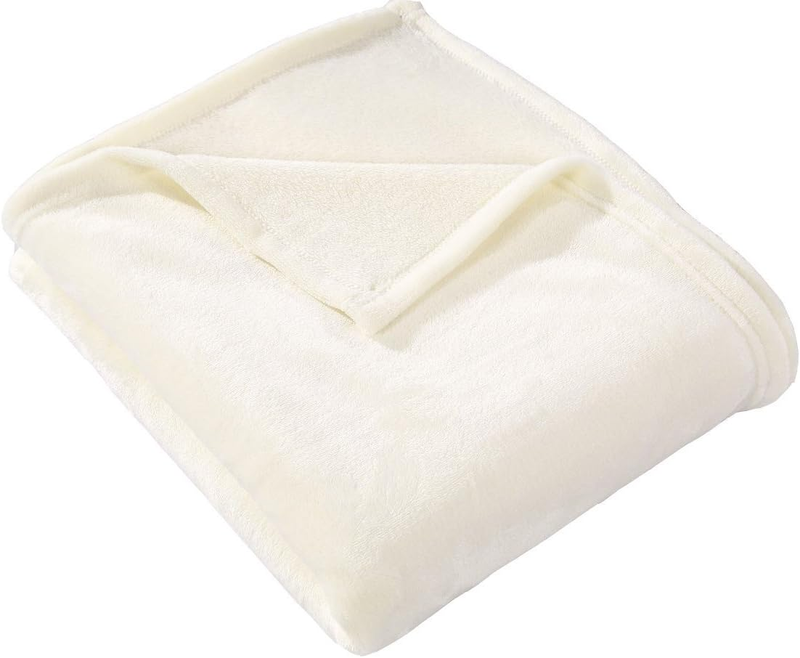 Flannel Fleece Throw Blanket Ivory - Super Soft Plush Microfiber Solid B