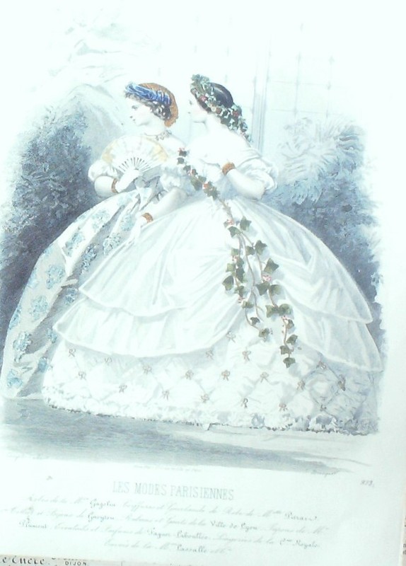 Gravure Modes Parisiennes 1861 NÂ°933 Robes De Cour Organdi Perkale