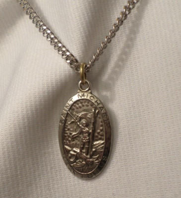 Sterling Chapel St Michael Pray For Us 925 Pendant Silver Tone Chain Necklace