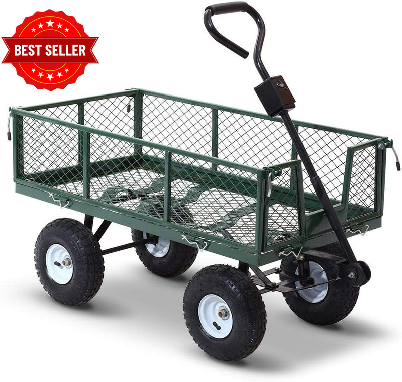 Garden Cart 360Kg Mesh Steel Trolley Detachable Sides Green Pull