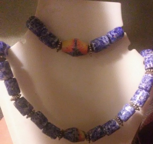 Vintage Beaded Necklace & Bracelet Blue & White beads China Style ,& Orange