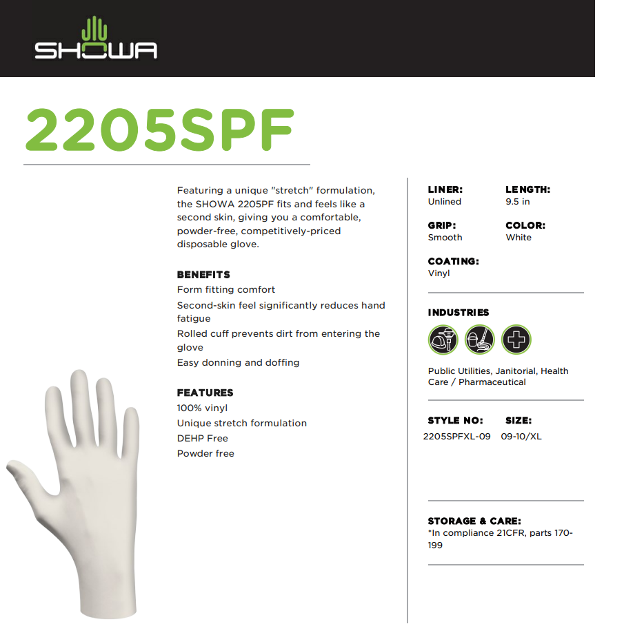 SHOWA 2205SPF-XL Vinyl Disposable Medical Exam Gloves 5MIL Powder&Latex-Free HR