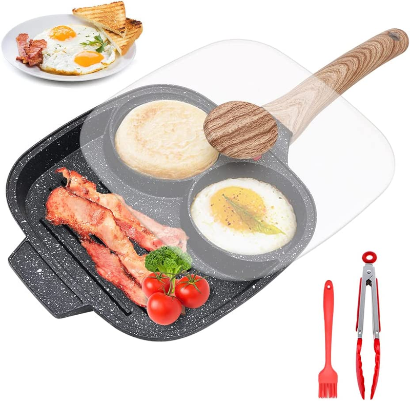 Egg Frying Pan With Lid Nonstick 3 Section Pancake Gas & Induction NEW