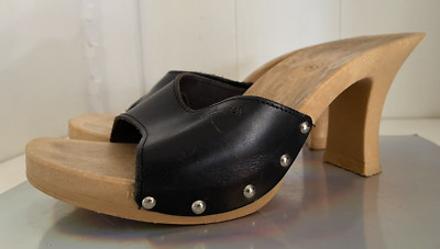Candie's Vintage Sandals High Heels Slides Sexy Black Leather 9/40 NARROW Italy