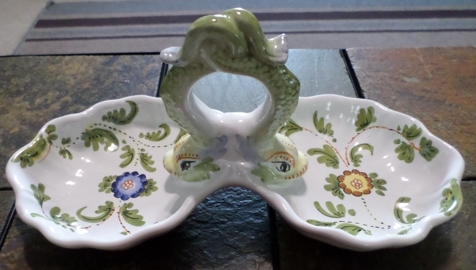 Double Relish Dish Tray Made in Italy ~Entwined Dolphin Handle, Painted Flowers