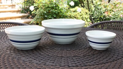 Kitchen Classic China Mixing Bowls Blue Stripe on Off White 10'' 8'' & 6 1/4'' Set