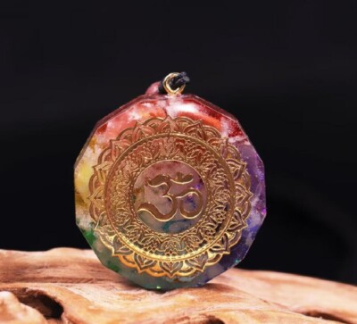 7 Chakra Natural Gemstone Resin Round Pendant Necklace for Healing Amulet