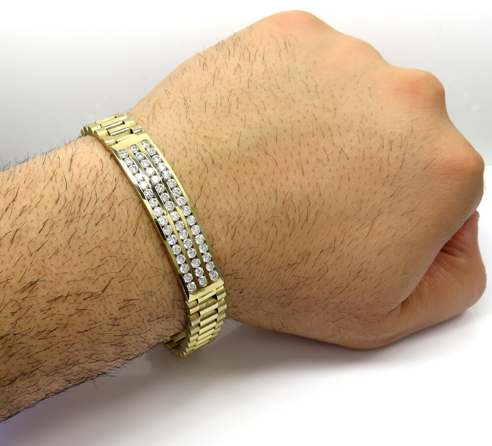 Pre-owned Online0369 1.65ct Cubic Zirconia Mens Presidential Bracelet Silver Yellow Gold Plated In White