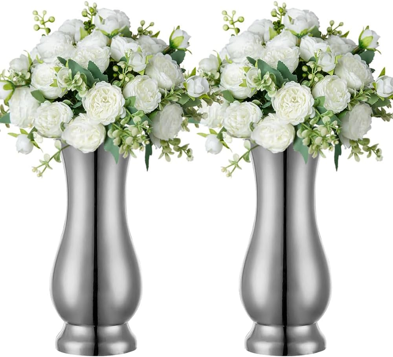 2 Piece Metal Vase Centerpiece Decoration, 9-Inch Stainless Steel Silver Desktop