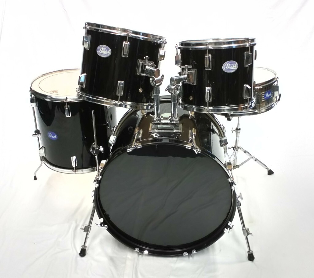 5 Piece Black Drum Kit with Pearl Badges, Mapex Pedal, & Remo Heads