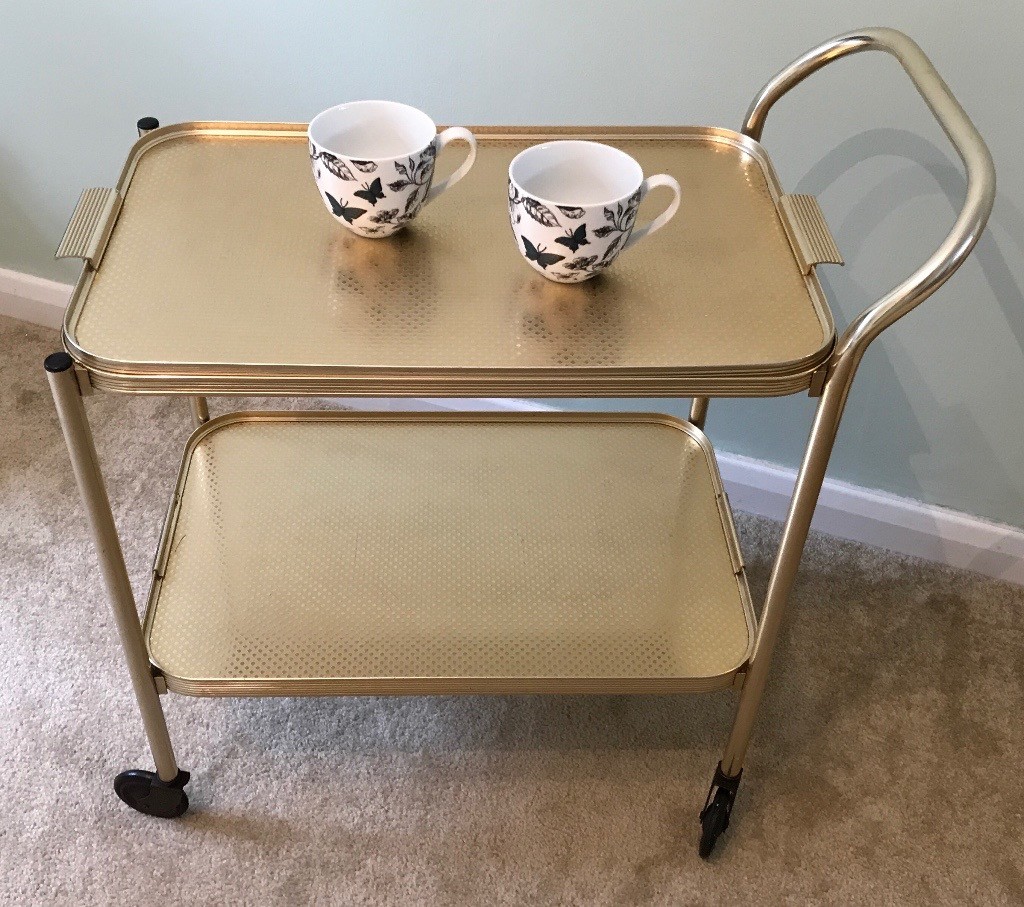 TEA TROLLEY VINTAGE GOLD TROLLY REMOVABLE TOP TRAY in Southampton