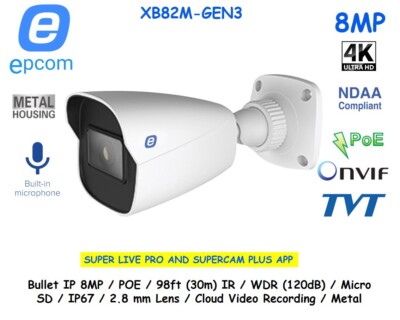 EPCOM XB82M-GEN3 8MP POE METAL BULLET IP +AUDIO ONVIF TVT 30M IR IP67 2.8mm Lens