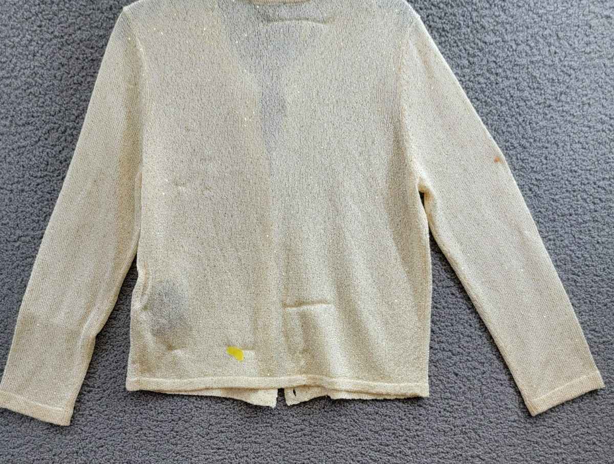 Donna Karan New York Metallic Cardigan Women's L Cream/Gold Button Front L/S - Picture 11 of 13