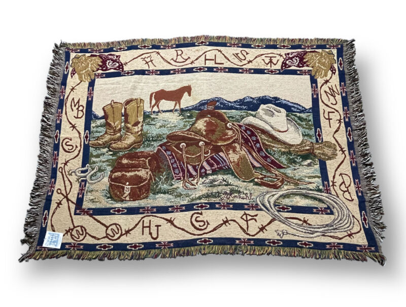 Cowboy Horse Blanket Pat Lehmkuhl Branding Iron Art Gift Woven Tapestry Fringed