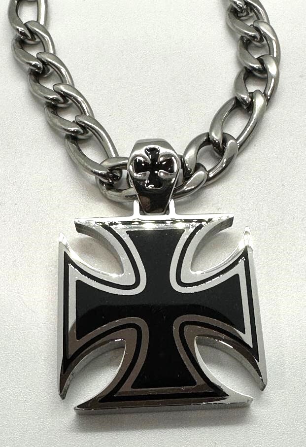 Solid & Strong Large Iron Cross Pendant 8mm Figaro Chain