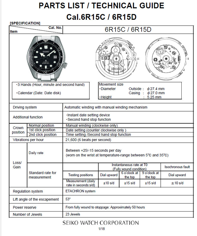 Doc Technique -Pdf- Seiko Calibre 6r15c / 6r15d (18 Pages)