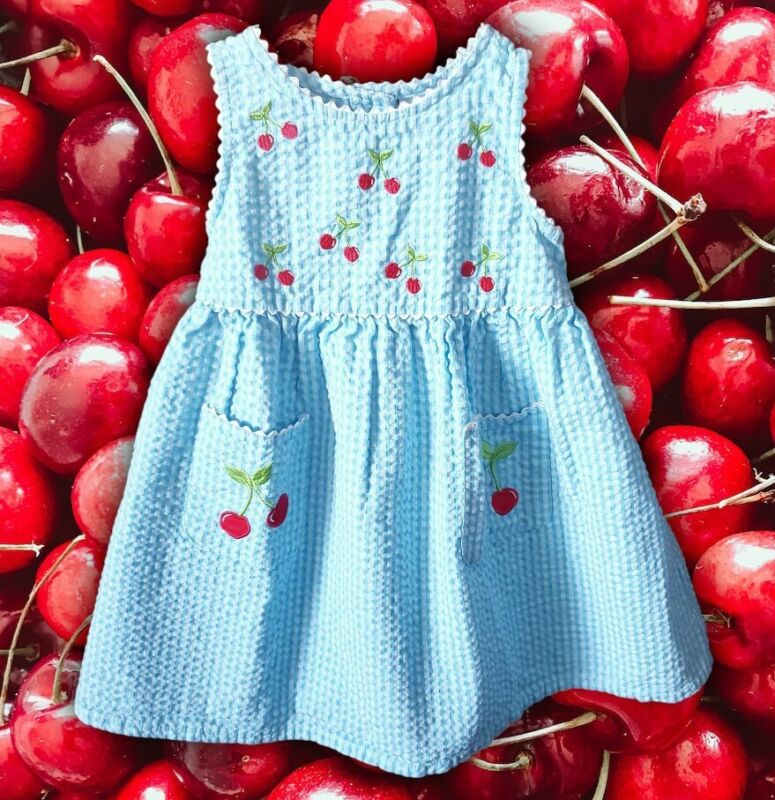Vintage Girls 2T Youngland Seersucker Sundress Blue Gingham Embroidered Cherries