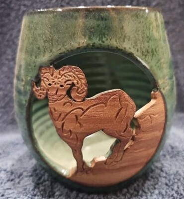 Boghorn Sheep Cup Pottery Ceramic Tea Light Candle Holder Bowl Signed Studio Art